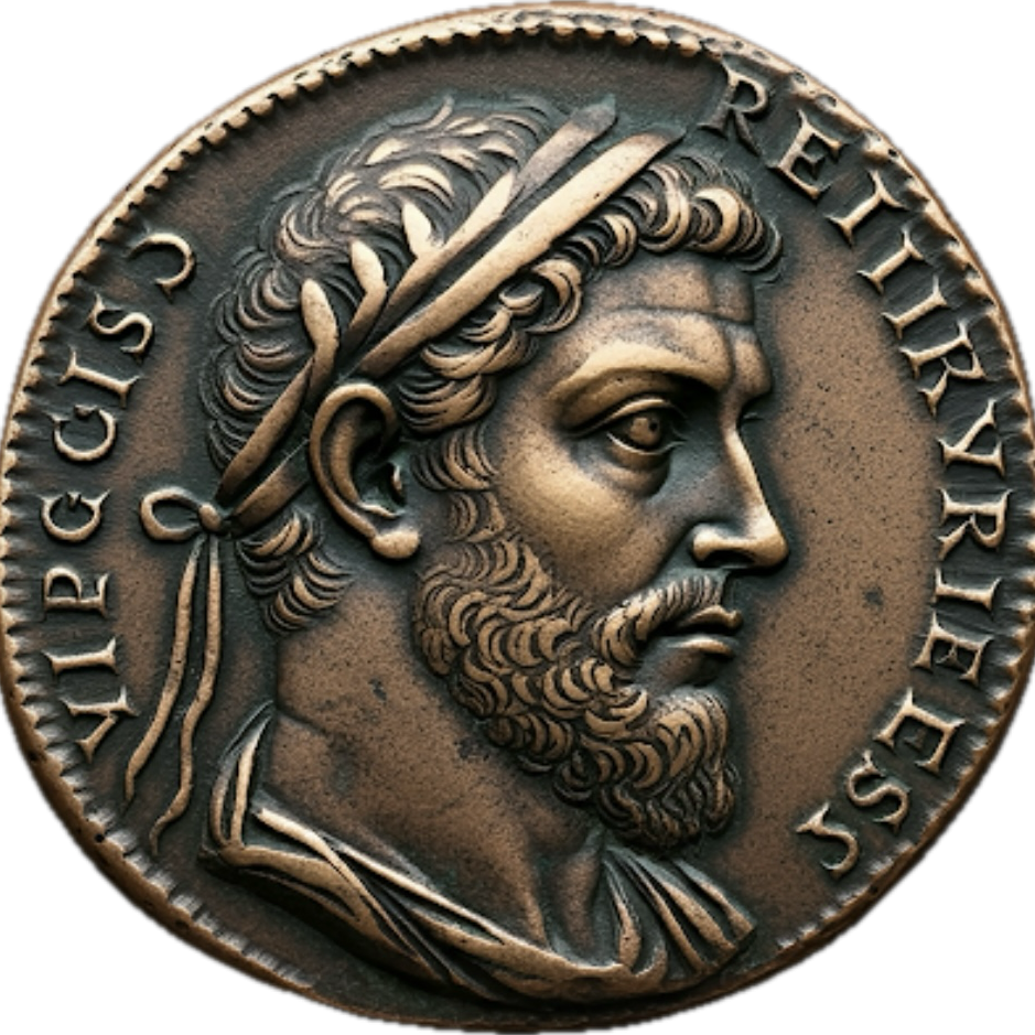 A bronze medal depicting a profile of a bearded man wearing a laurel wreath, with intricate detailing on the facial features and hair.