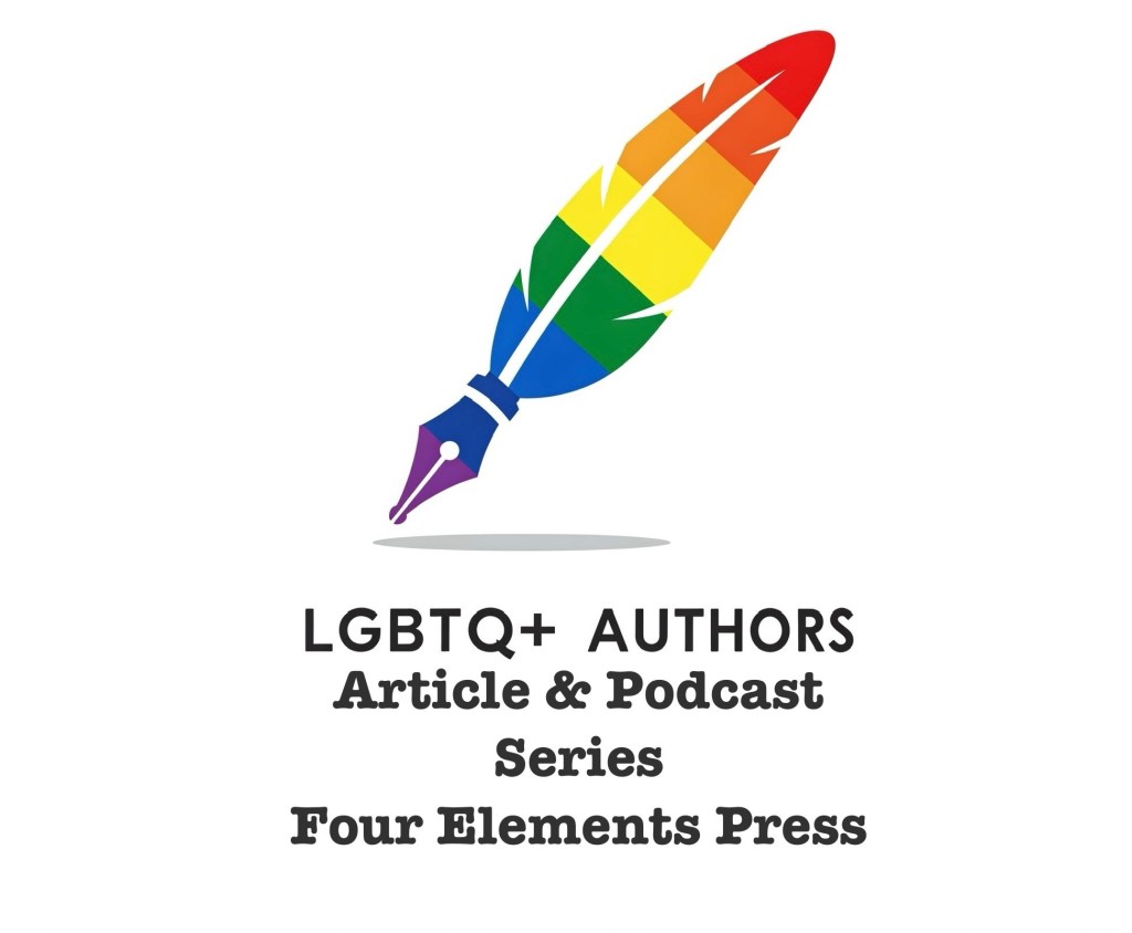 Logo of the LGBTQ+ Authors Article & Podcast Series by Four Elements Press featuring a rainbow feather quill.