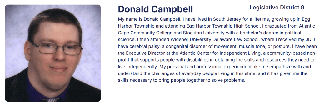 A portrait of Donald Campbell, a candidate for Legislative District 9, with a brief biography about his background and advocacy for people with disabilities.