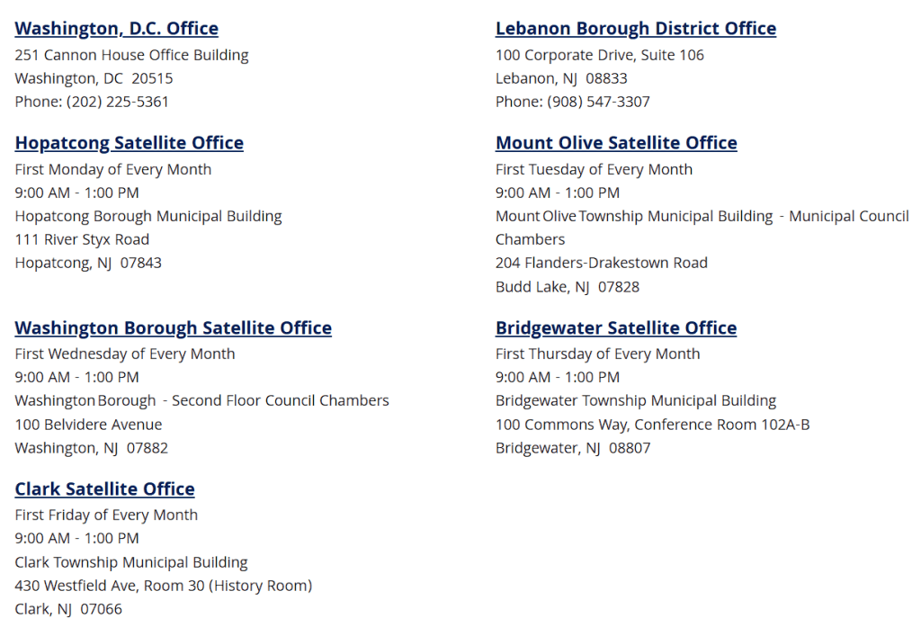 A list of congressional office locations and contact information including addresses, phone numbers, and scheduled office hours for various satellite offices in New Jersey.