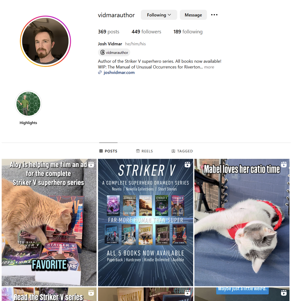 Instagram profile of author Josh Vidmar showcasing 'Striker V' superhero series with images of books and his pets.