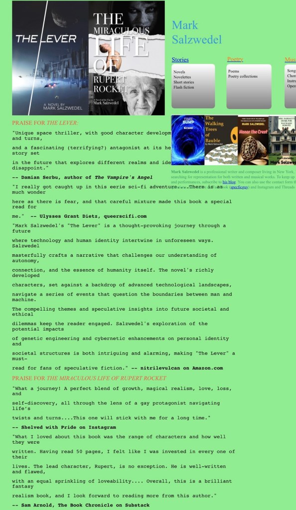 A promotional image featuring the book covers for 'The Lever' and 'The Miraculous Life of Rupert Rocket' by Mark Salzwedel, including a summary of the author's themes and writing style.