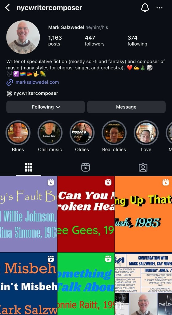 An Instagram profile of Mark Salzwedel, featuring a photo of him and showcasing his interests in writing and music, highlighting his work in speculative fiction and his musical compositions.