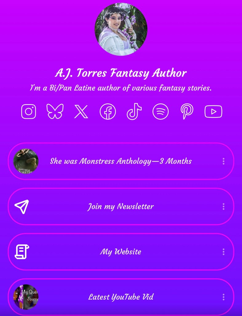 A.J. Torres's author profile showcasing her identity as a Bi/Pan Latine fantasy writer with links to social media and projects.