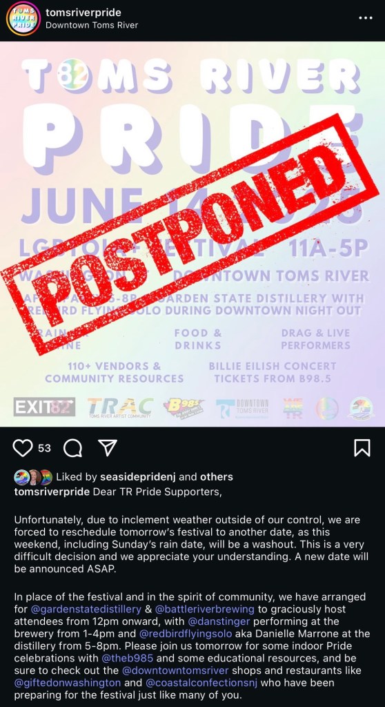 Graphic announcing Toms River Pride event postponed due to inclement weather, featuring rainbow colors and event details.