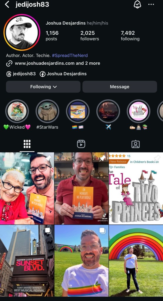 Screenshot of Joshua DesJardins' Instagram profile showing his followers, posts, and a photo collage related to his books and interests.