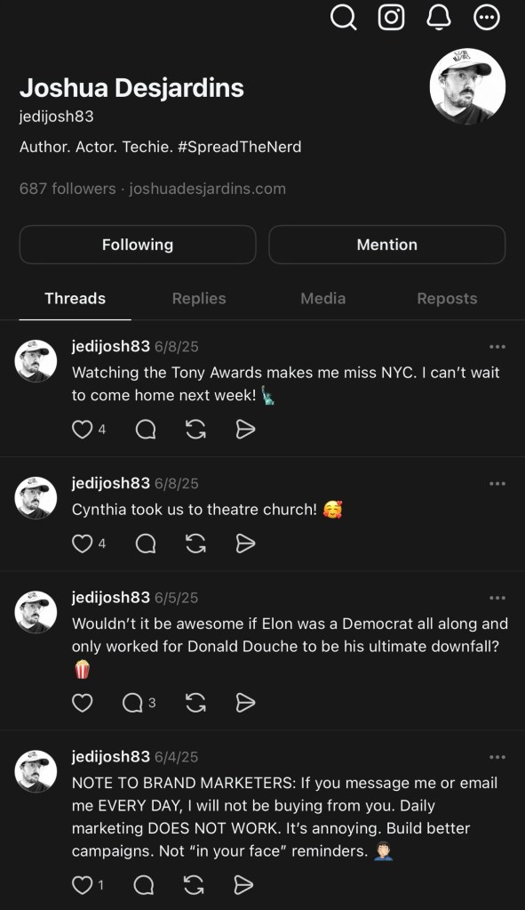 Screenshot of Joshua DesJardins' social media profile on Threads, displaying his name, bio, follower count, and several posts.