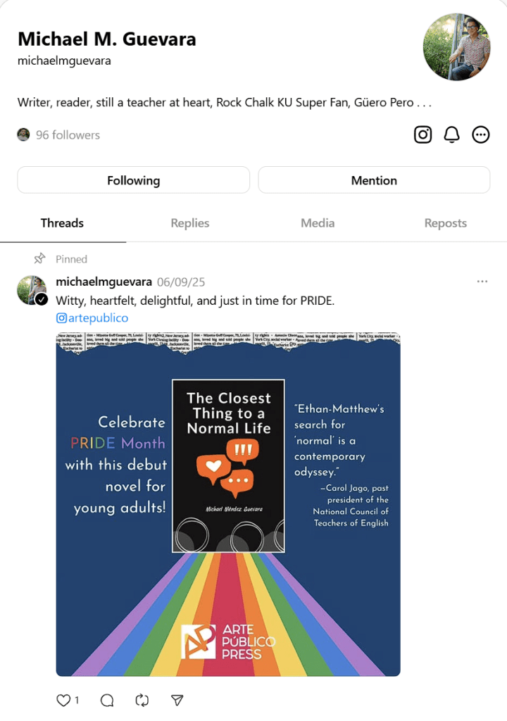 Promotional graphic for Michael Mendez Guevara's debut novel 'The Closest Thing to a Normal Life', celebrating Pride Month, featuring a colorful rainbow background and quotes from reviewers.