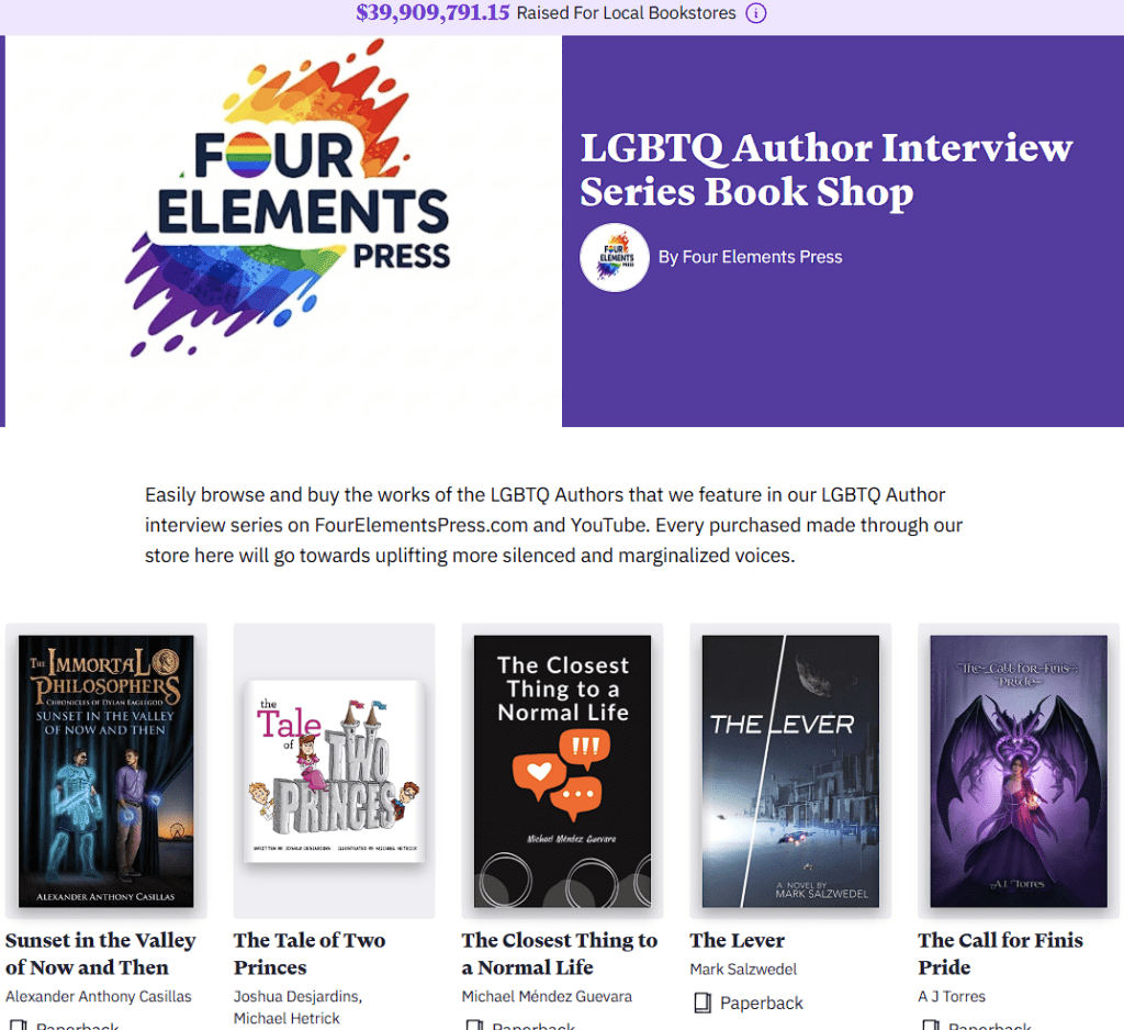 Website interface showcasing LGBTQ authors' books, highlighting titles like 'The Closest Thing to a Normal Life' by Michael Mendez Guevara, and promoting Four Elements Press bookshop.