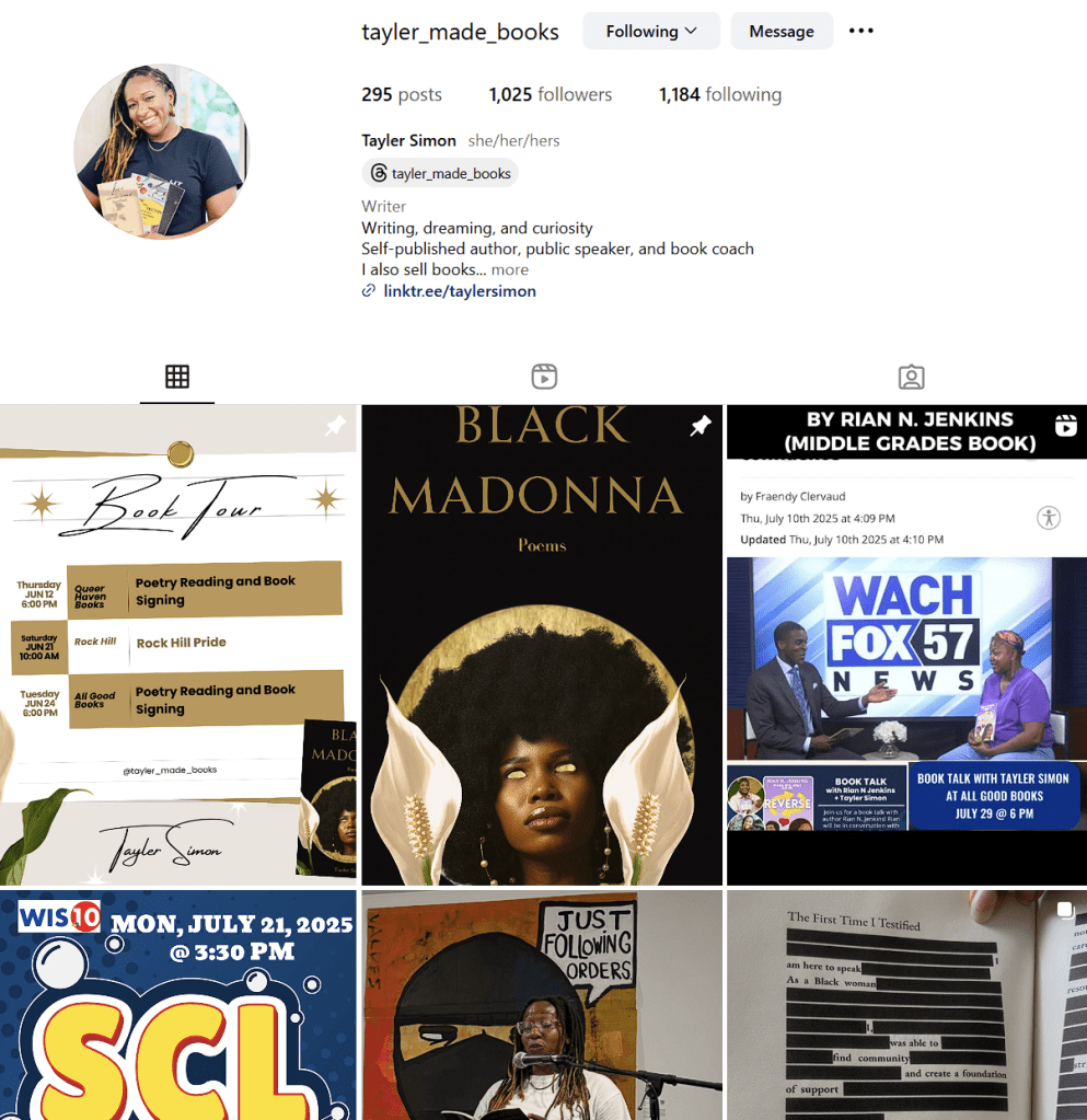 An Instagram profile of Tayler Simon, a self-published author, featuring her photo and information about her book tour events, including poetry readings and book signings.