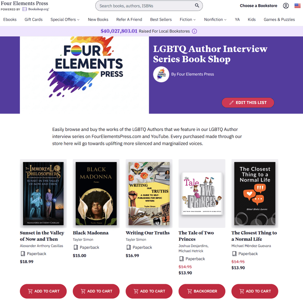 Homepage of Four Elements Press featuring LGBTQ Author Interview Series Book Shop with book listings and a fundraising banner.