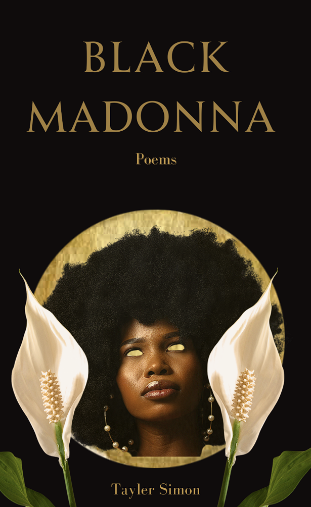 Book cover of 'Black Madonna' by Tayler Simon, featuring a woman with natural curly hair surrounded by white flowers.