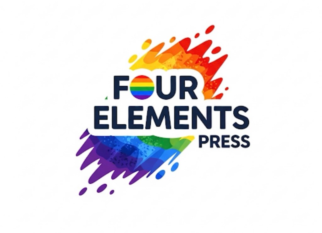 Logo of Four Elements Press featuring rainbow colors and vibrant splashes, representing LGBTQ+ themes and the publishing of queer literature.