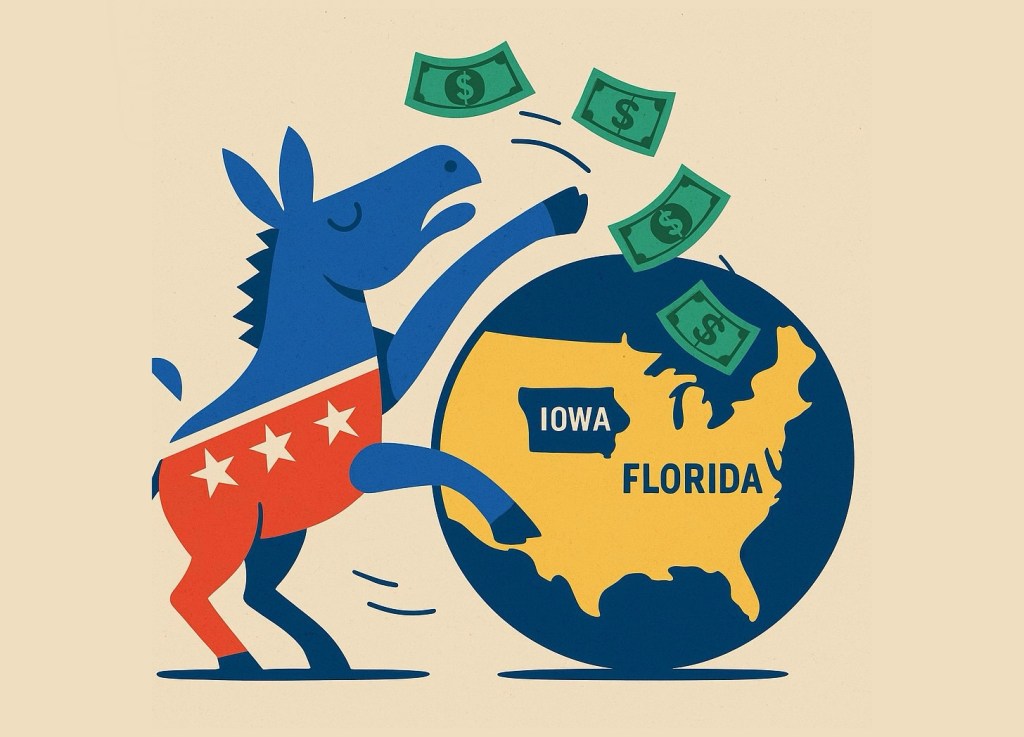 An illustration of a blue donkey representing the Democratic Party throwing money over a map highlighting Iowa and Florida, symbolizing campaign funding dynamics.
