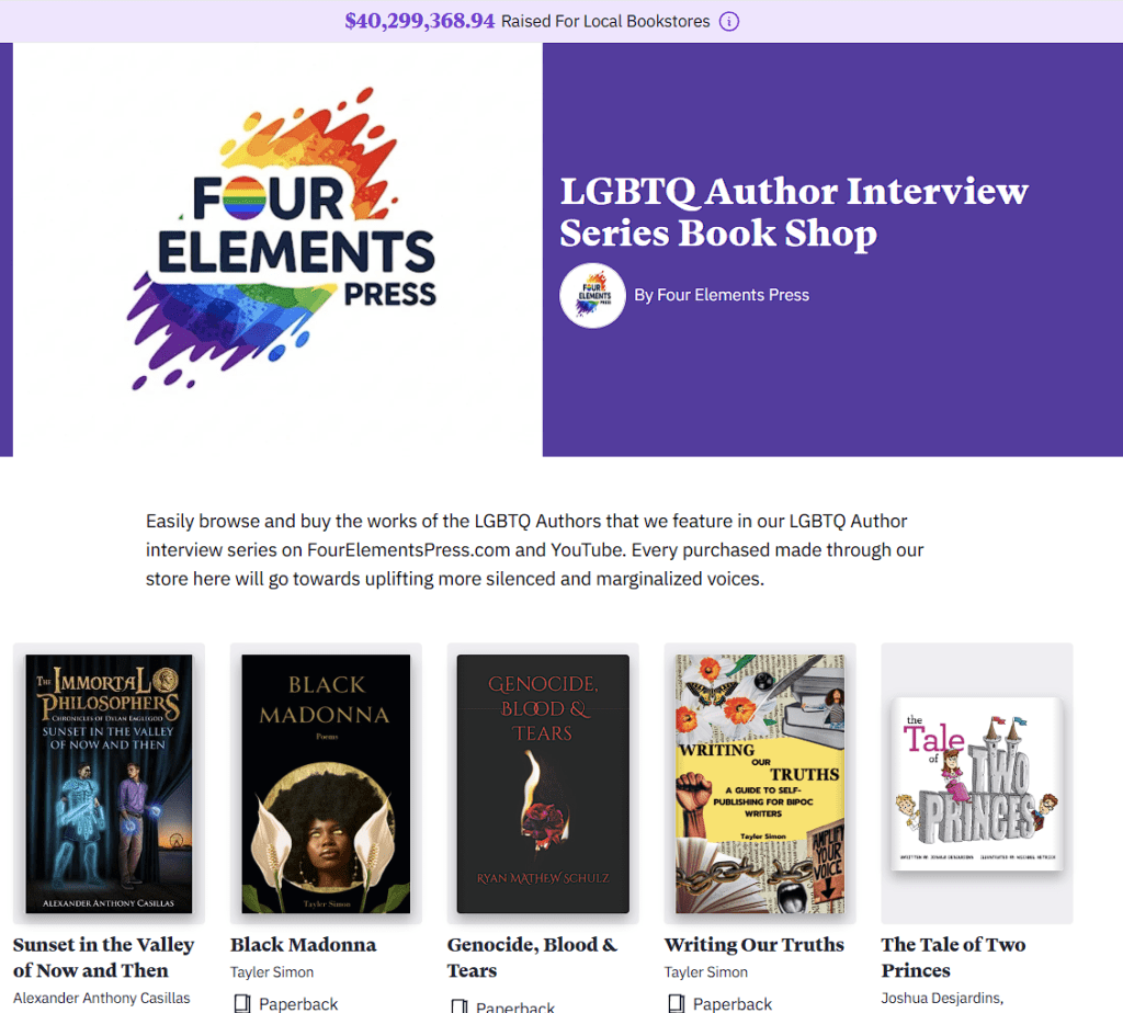 A collage displaying a vibrant logo for Four Elements Press, featuring the title 'LGBTQ Author Interview Series Book Shop', with a collection of books by various LGBTQ authors, including titles like 'Sunset in the Valley of Now and Then', 'Black Madonna', and 'Genocide, Blood & Tears'.