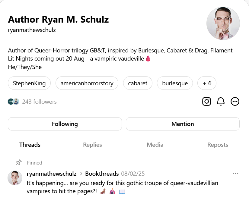 Profile of author Ryan M. Schulz, showcasing their work in queer horror literature, including the GB&T trilogy and details about their upcoming book, Filament Lit Nights.