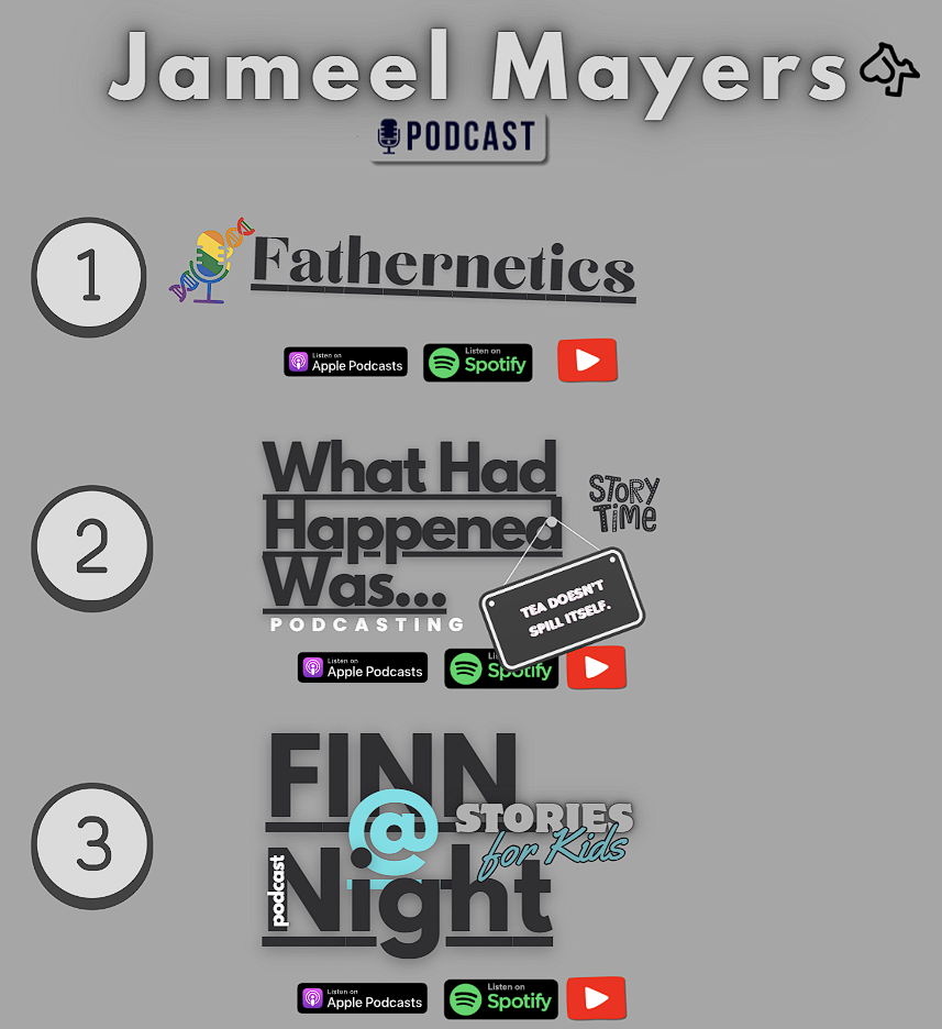 Promotional graphic for Jameel Mayers podcast featuring three podcast titles: 'Fathernetics,' 'What Had Happened Was...,' and 'FINN @ Night.' Each title includes icons for listening on Apple Podcasts, Spotify, and YouTube.