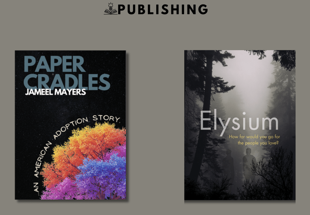 Book cover for 'Paper Cradles' by Jameel Mayers featuring colorful trees against a starry background with the subtitle 'An American Adoption Story'.