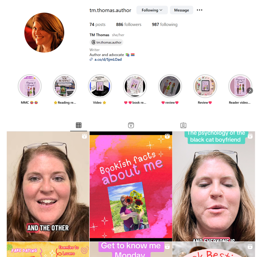 A smiling woman with long brown hair and glasses, depicted in a bright Instagram profile layout. She shares book-related content and personal stories, with an emphasis on LGBTQ themes.