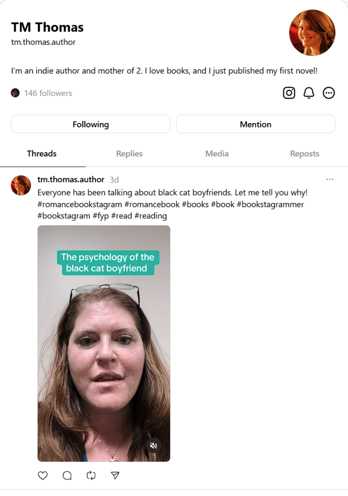 TM Thomas, an indie author and mother, talking about the psychology of black cat boyfriends in a social media post.