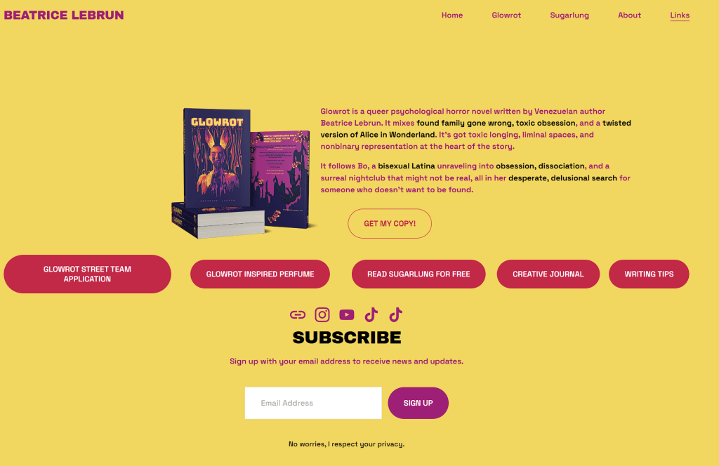 Website layout promoting the book 'Glowrot' by Beatrice Lebrun, featuring a bold yellow background, book covers, and subscription options.