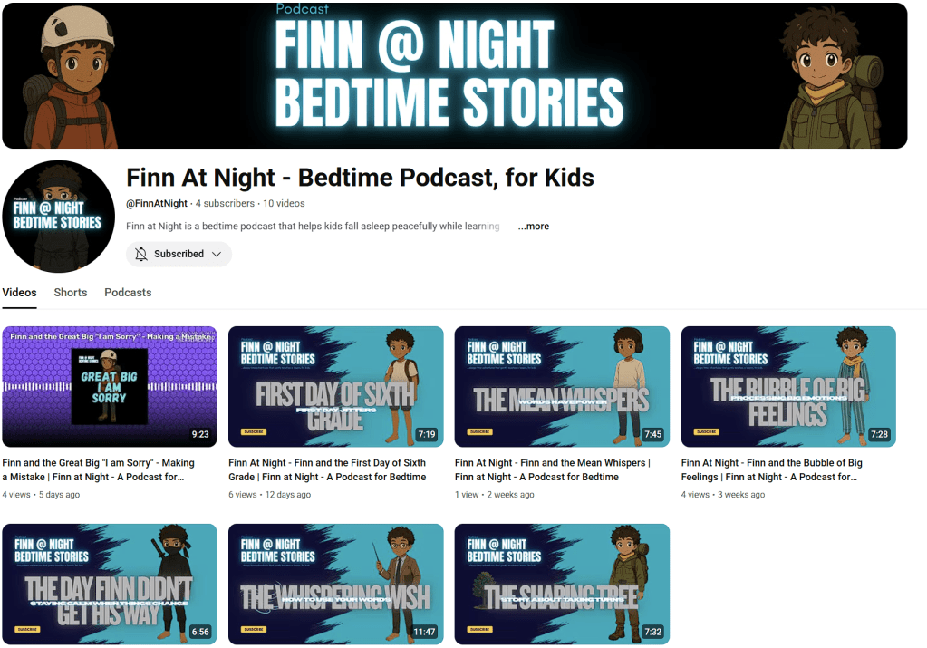 Screenshot of the 'Finn At Night' YouTube channel, featuring the channel's title and various podcast episodes geared towards children.