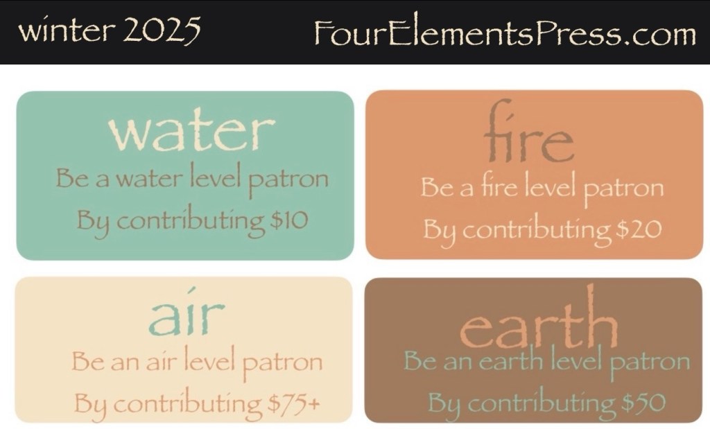 Promotional graphic for Four Elements Press showing four patron levels: Water ($10), Fire ($20), Air ($75+), and Earth ($50) for winter 2025.