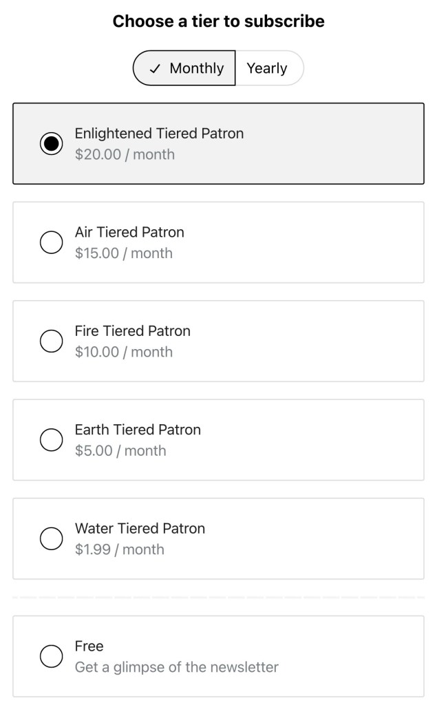 Subscription tiers for a community membership, featuring options for Enlightened, Air, Fire, Earth, and Water Tiered Patrons with respective monthly fees.
