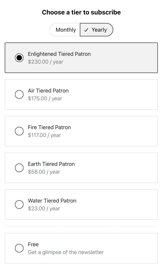 A subscription selection interface showing different membership tiers for patrons, including Enlightened, Air, Fire, Earth, Water, and Free options with respective annual fees.