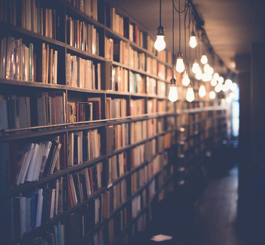A dimly lit hallway lined with bookshelves filled with a variety of books, illuminated by hanging light bulbs.