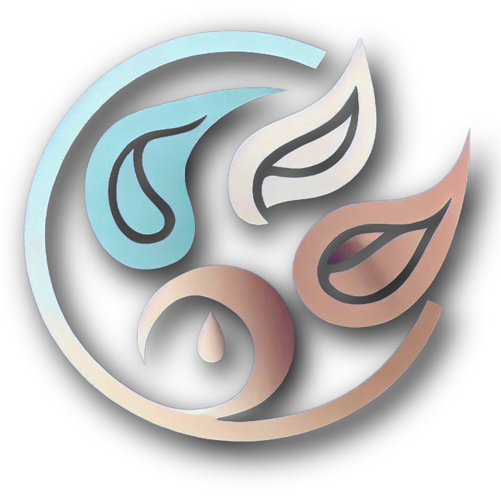 A stylized logo featuring abstract leaves and water droplets in soft pastel colors, set against a black background.