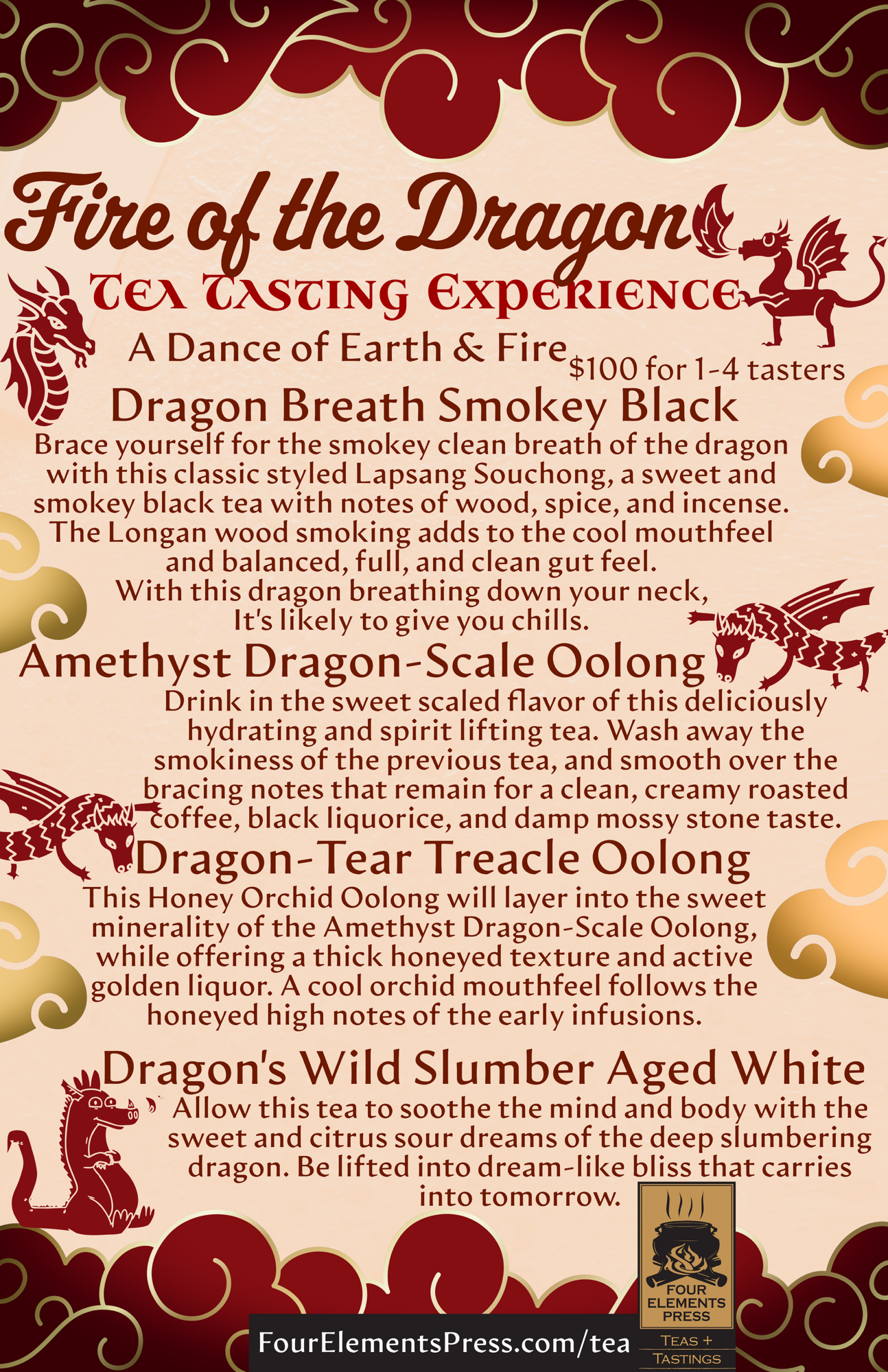 Infographic detailing the 'Fire of the Dragon' tea tasting experience with descriptions of different tea varieties including Dragon Breath Smokey Black, Amethyst Dragon-Scale Oolong, Dragon-Tear Treacle Oolong, and Dragon's Wild Slumber Aged White.