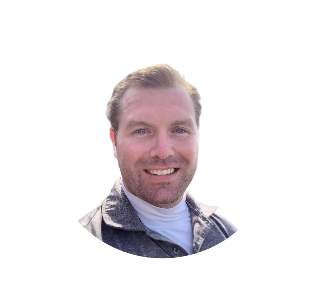A smiling man with light brown hair wearing a gray sweater and a white turtleneck. The image features a circular crop of his face against a black background.
